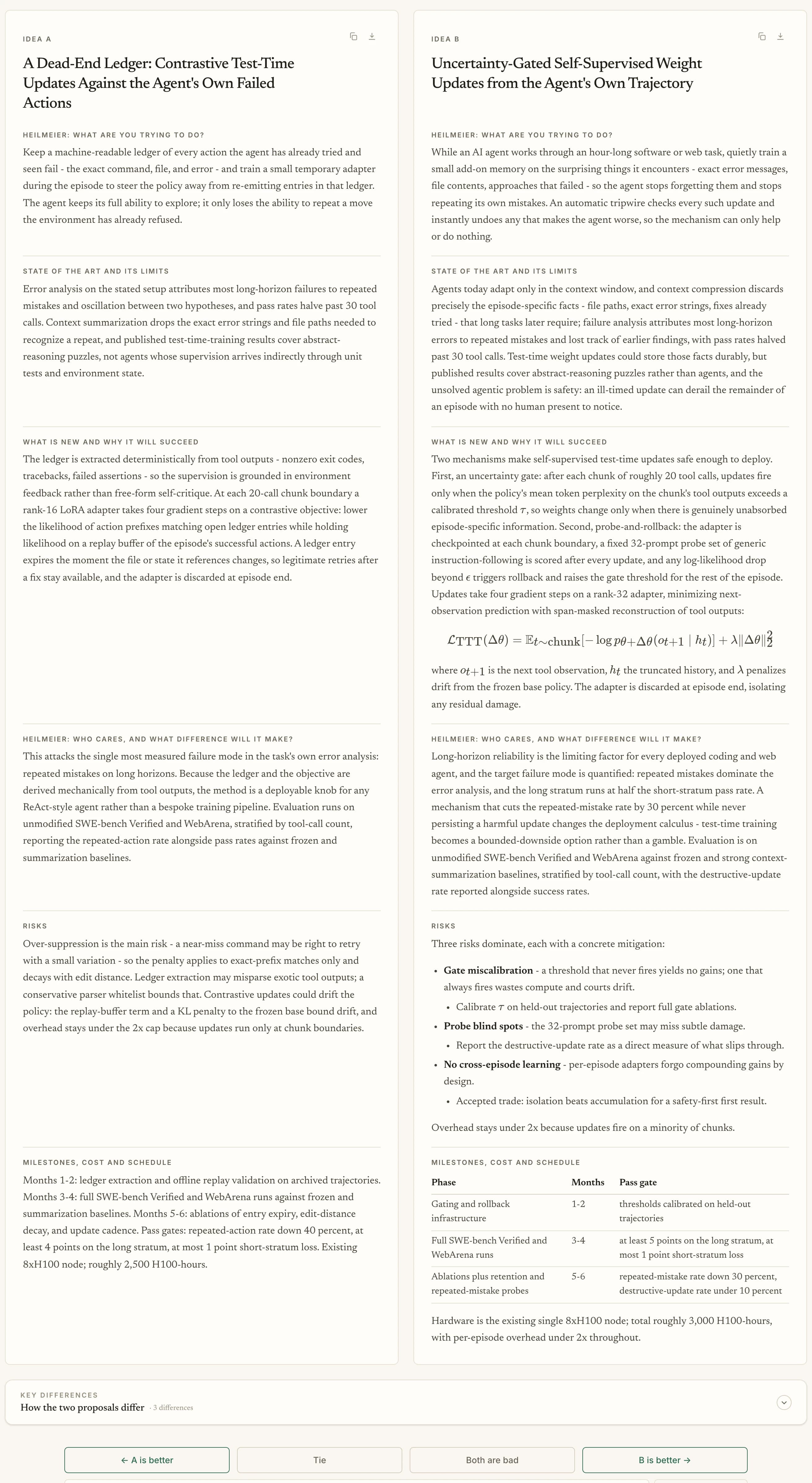 Two anonymous ideas, labeled Idea A and Idea B, side by side above the vote bar