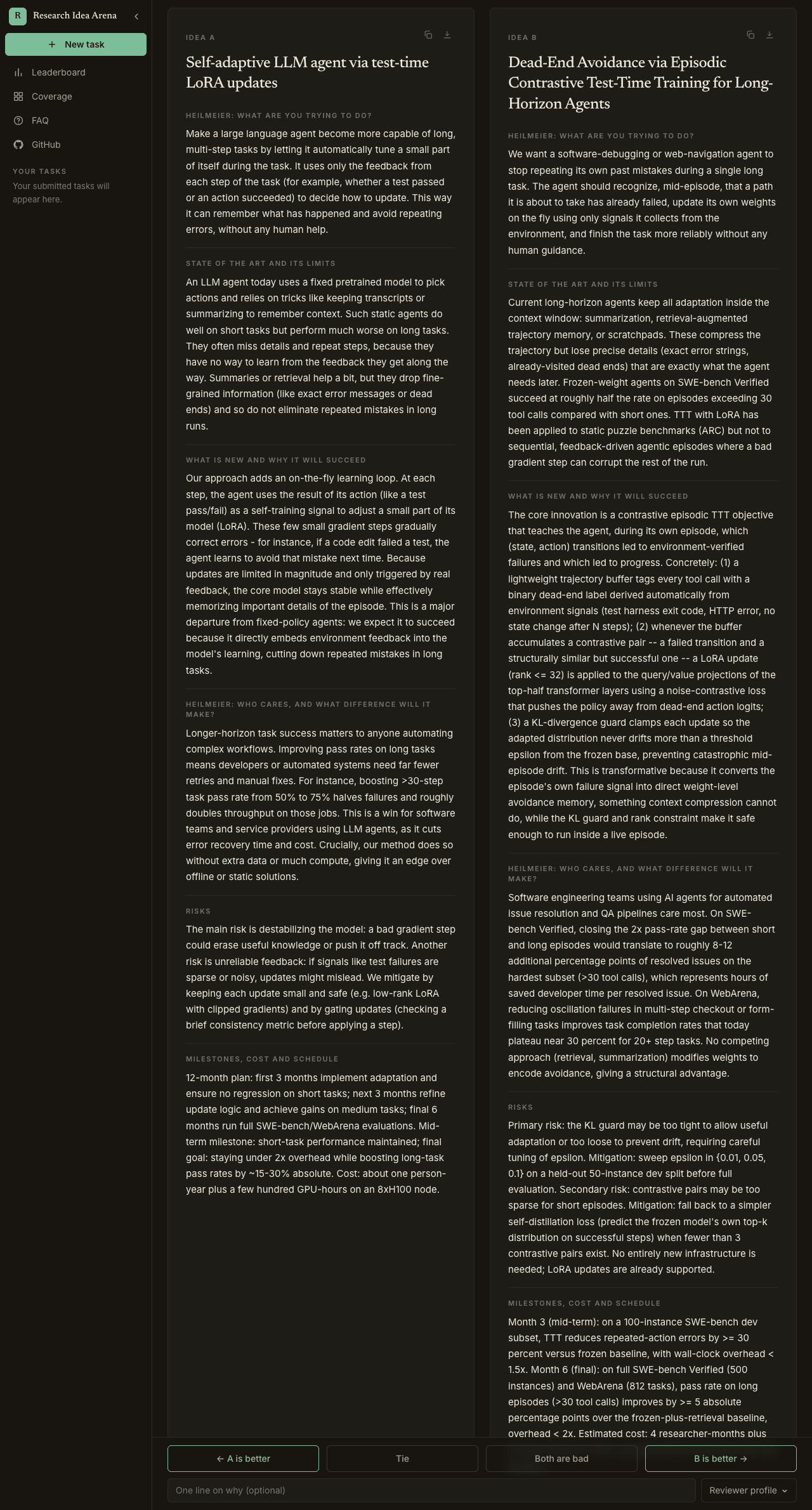 Two anonymous ideas, labeled Idea A and Idea B, side by side with identical section headings