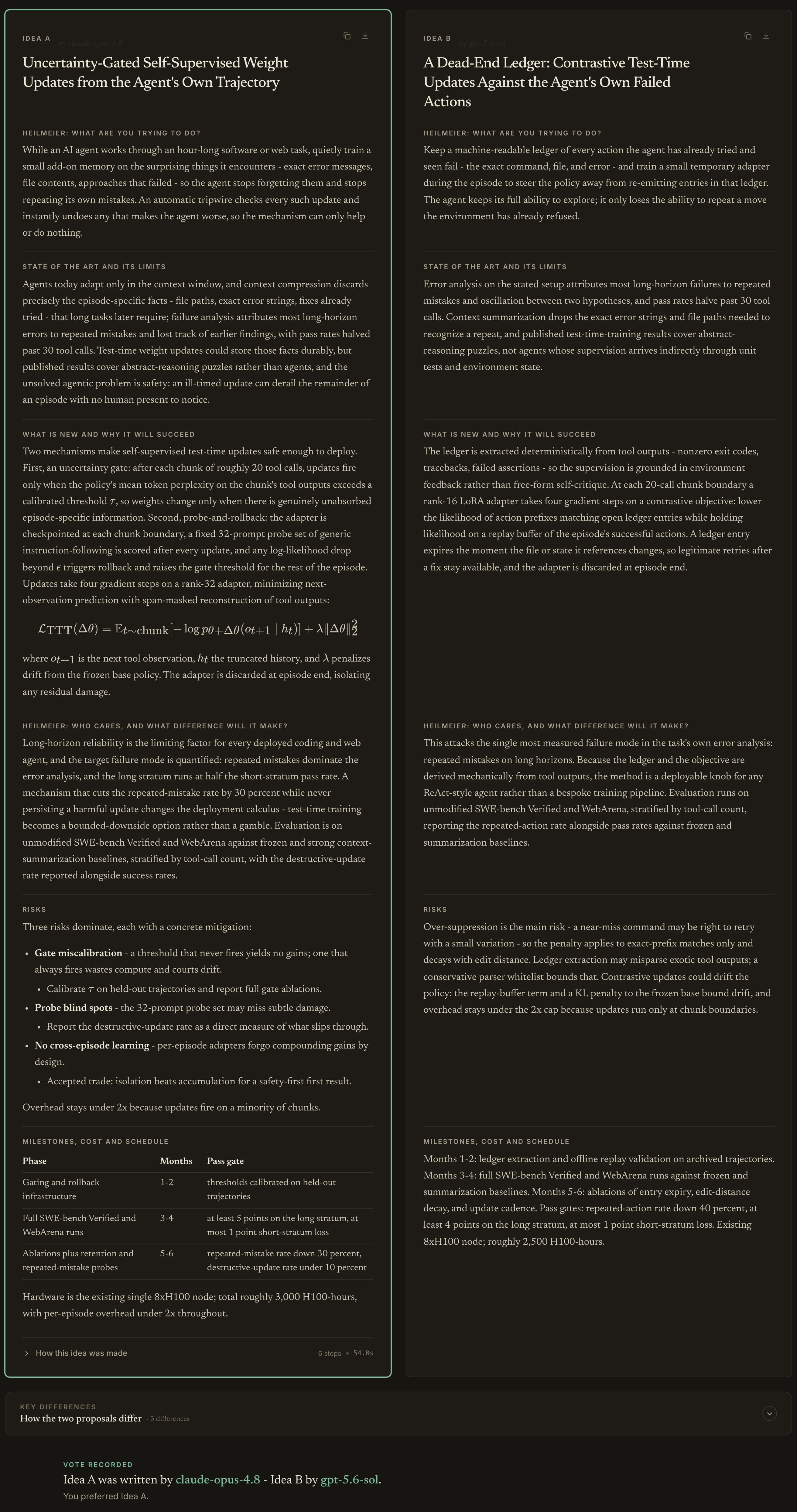 The reveal after voting: the two ideas side by side with the writers named, the picked card ringed